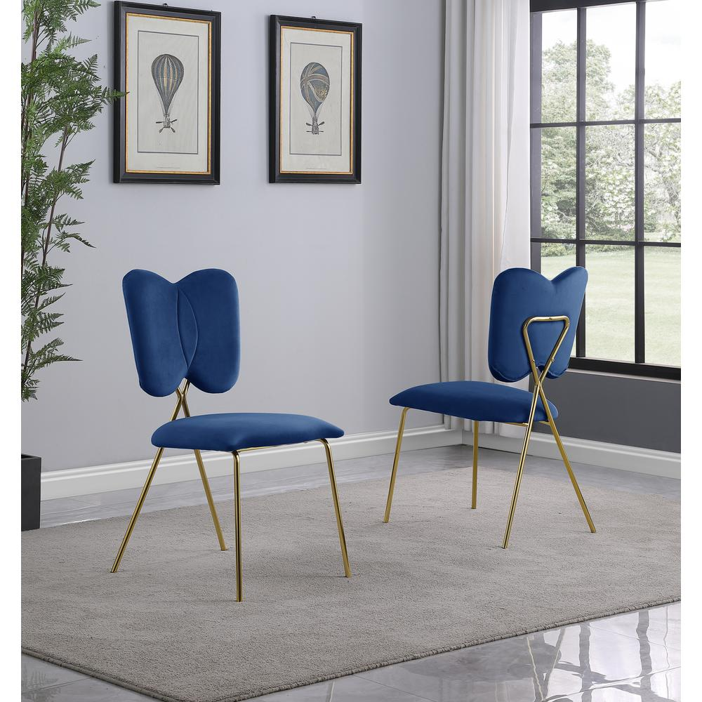 Set of 4, Navy Blue Velvet Guest Side Chair with Wingback, Chrome Gold