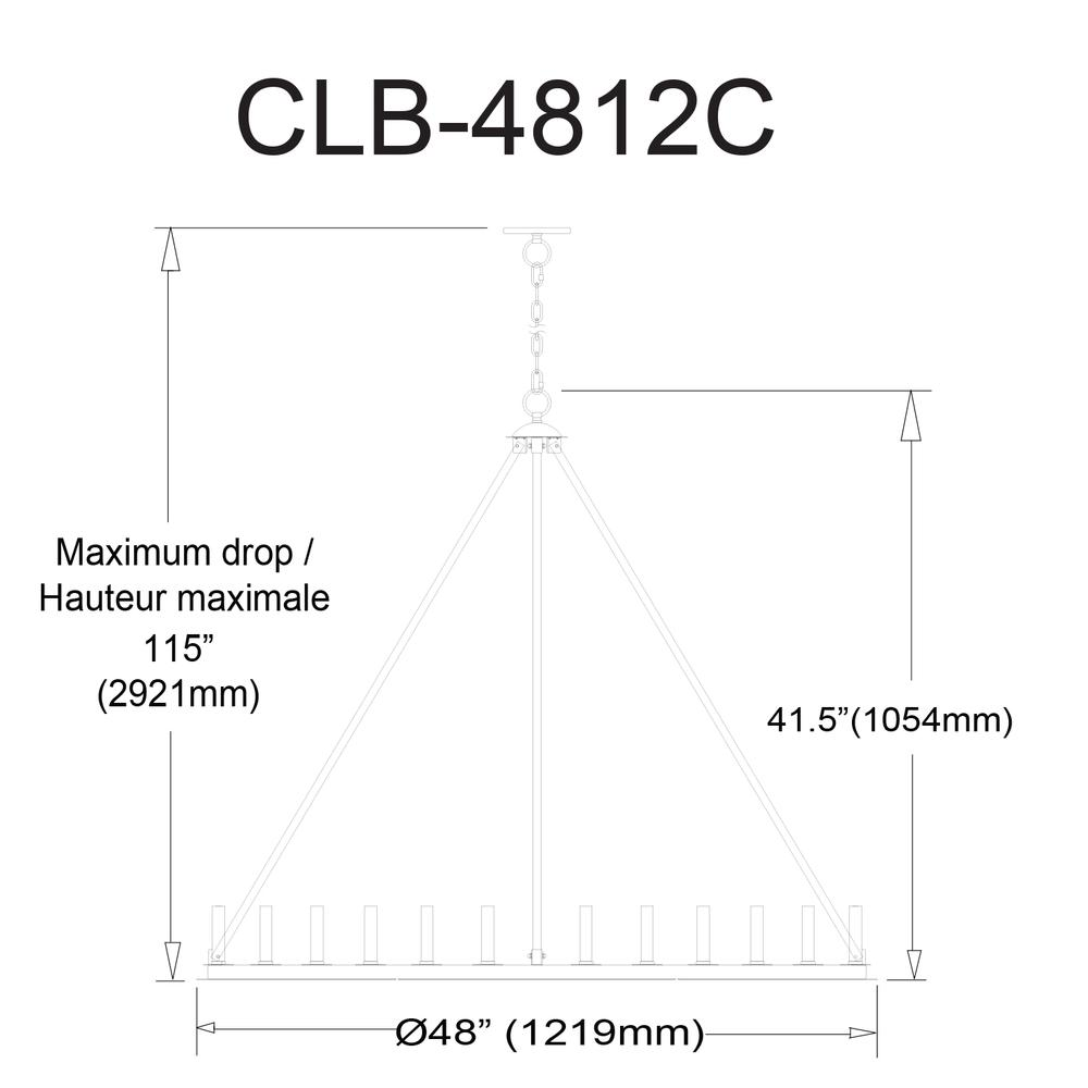 12 Light Incandescent Chandelier, Matte Black (CLB-4812C-MB)