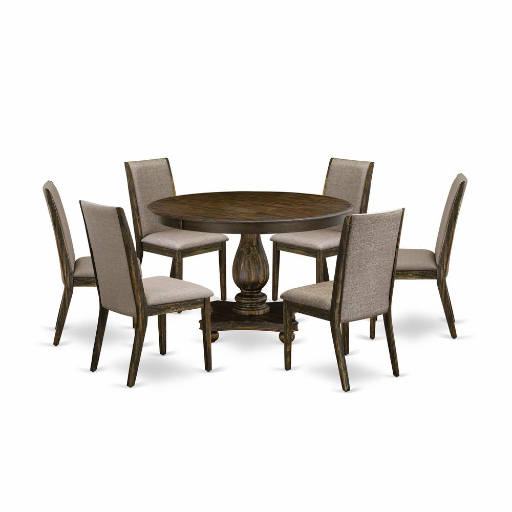 East West Furniture 7 Piece Dining Set Contains a Mid Century Modern Dining Table and 6 Dark Khaki Linen Fabric Dining Room Chairs with High Back - Distressed Jacobean Finish
