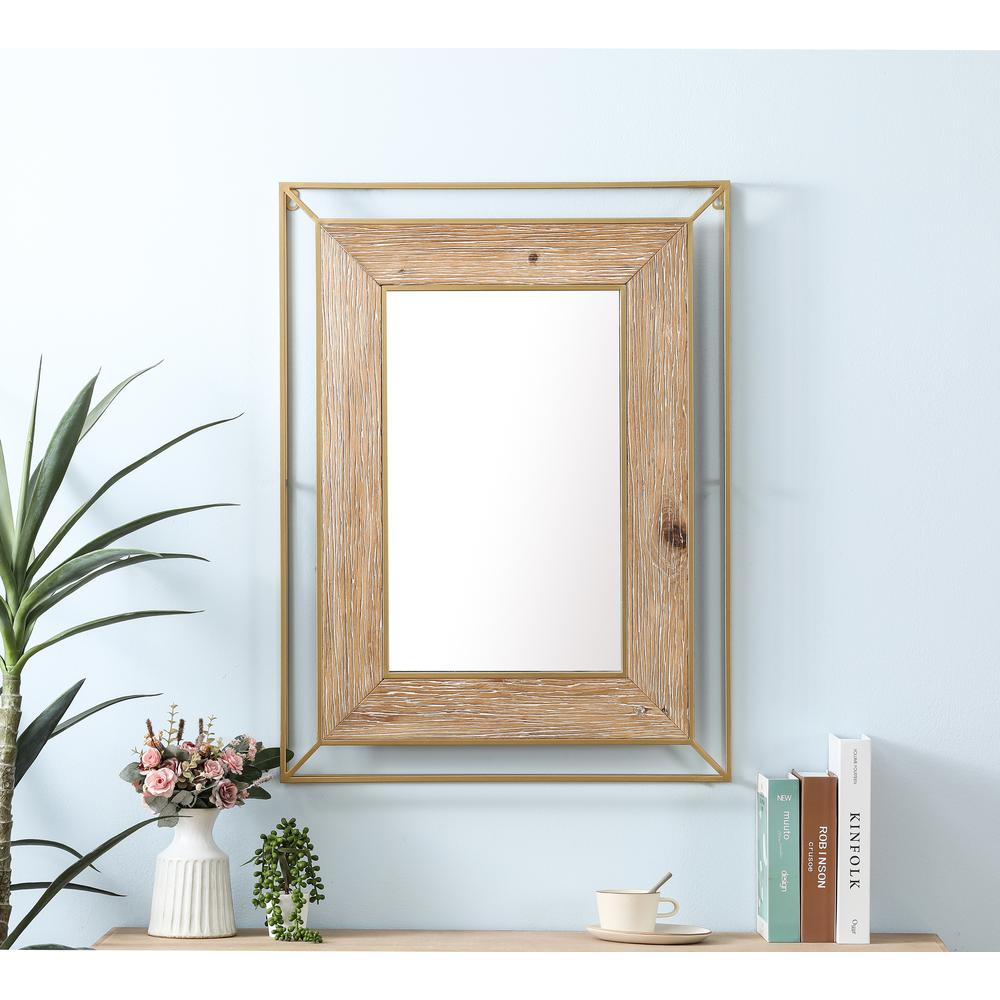 Gold Metal and Natural Wood Rectangular Frame Accent Wall Mirror