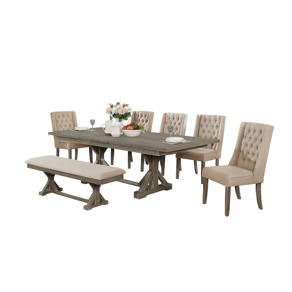 Classic Extension Dining 7 Piece Set w/18"Center Leaf, Bench & 5 Tufted Chairs in Beige Linen