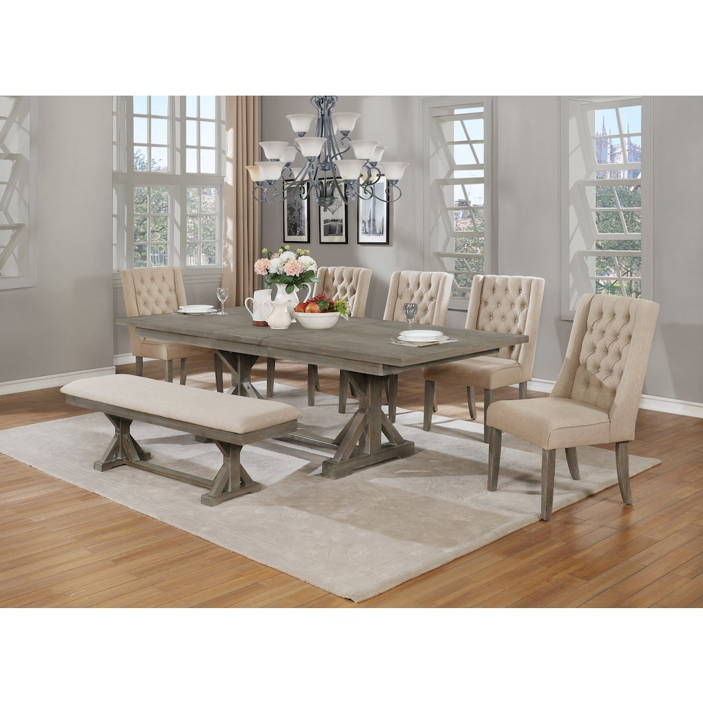 Classic Extension Dining 7 Piece Set w/18"Center Leaf, Bench & 5 Tufted Chairs in Beige Linen