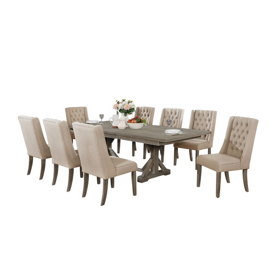 Classic Extension Dining 9 Piece Set w/18"Center Leaf, 8 Tufted Chairs in Beige Linen