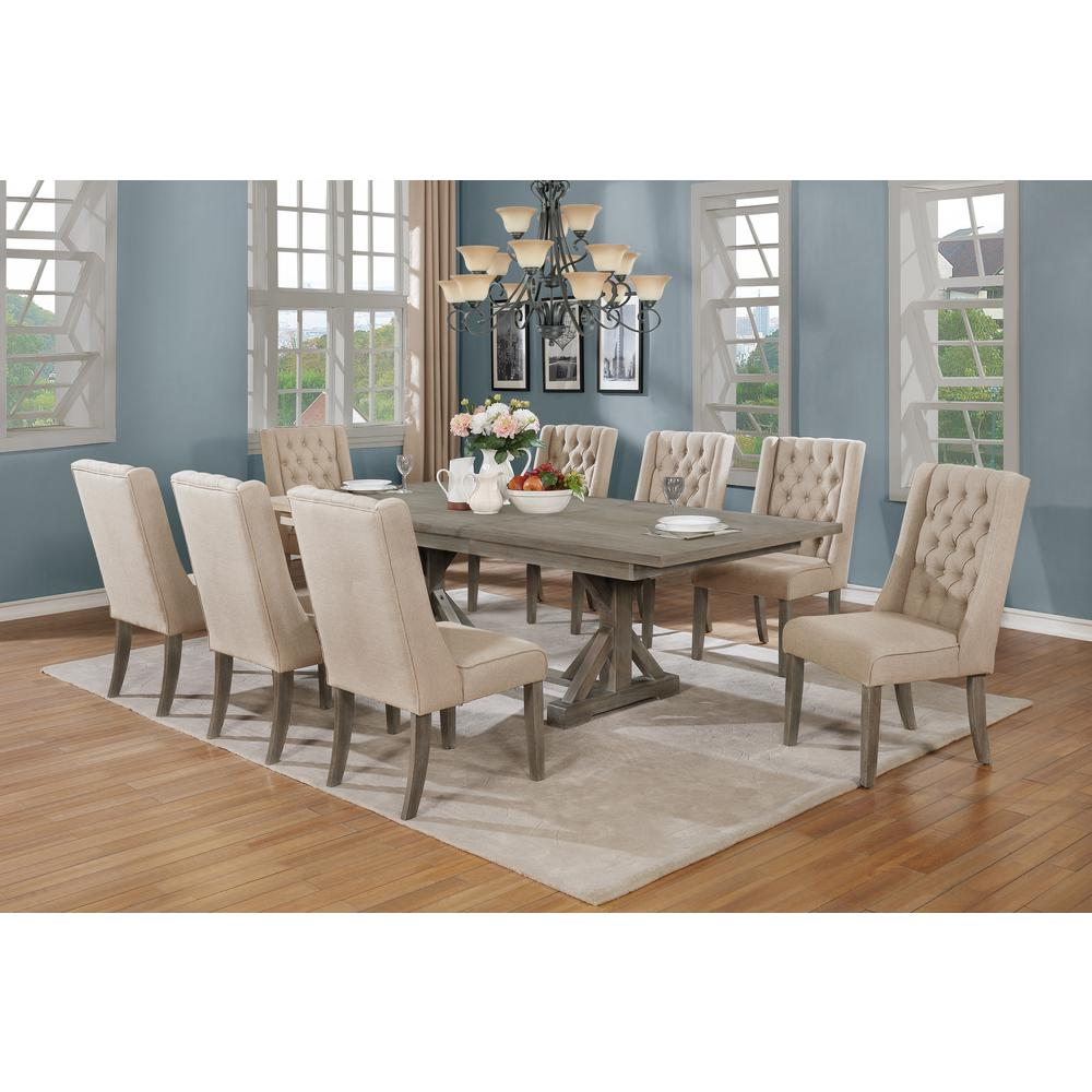 Classic Extension Dining 9 Piece Set w/18"Center Leaf, 8 Tufted Chairs in Beige Linen