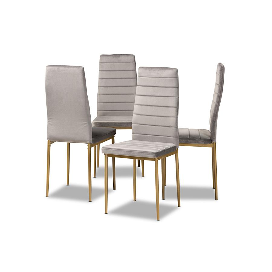 Glam and Luxe Grey Velvet and Gold Finished Metal 4-Piece Dining Chair Set