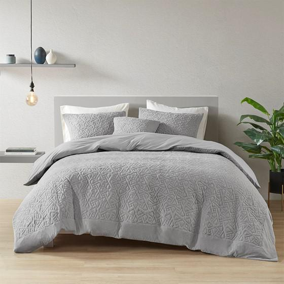 Natori 3 Piece Oversized Knit Quilted Top Duvet Cover Mini Set, Grey