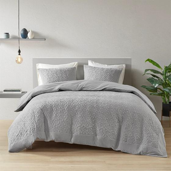 Natori 3 Piece Oversized Knit Quilted Top Duvet Cover Mini Set, Grey