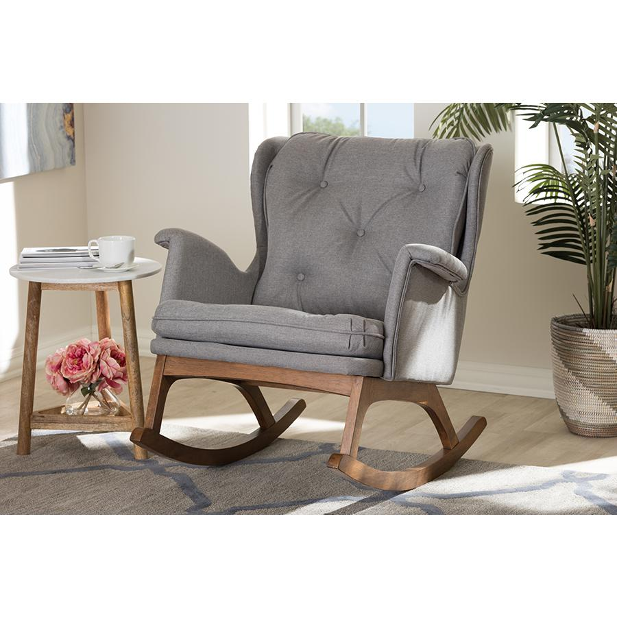 Maggie Mid-Century Modern Grey Fabric Upholstered Walnut-Finished Rocking Chair