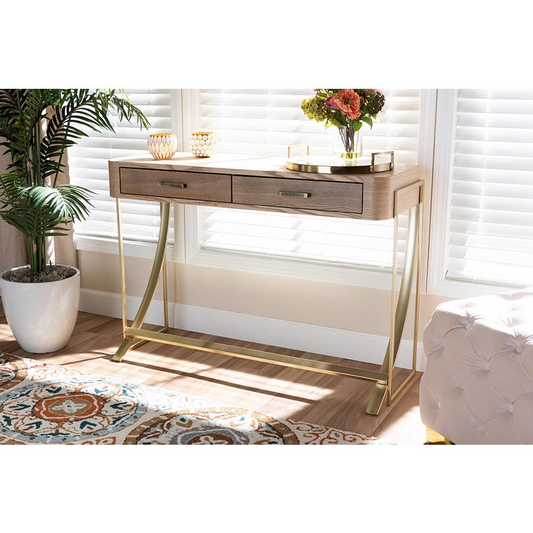 Lafoy Natural Brown Finished Wood and Gold Finished 2-Drawer Console Table