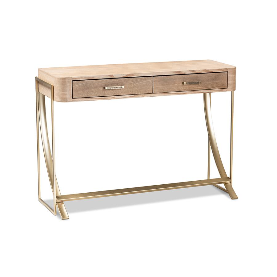 Lafoy Natural Brown Finished Wood and Gold Finished 2-Drawer Console Table