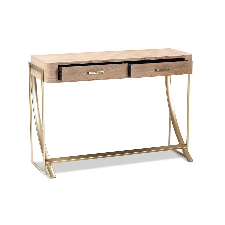 Lafoy Natural Brown Finished Wood and Gold Finished 2-Drawer Console Table