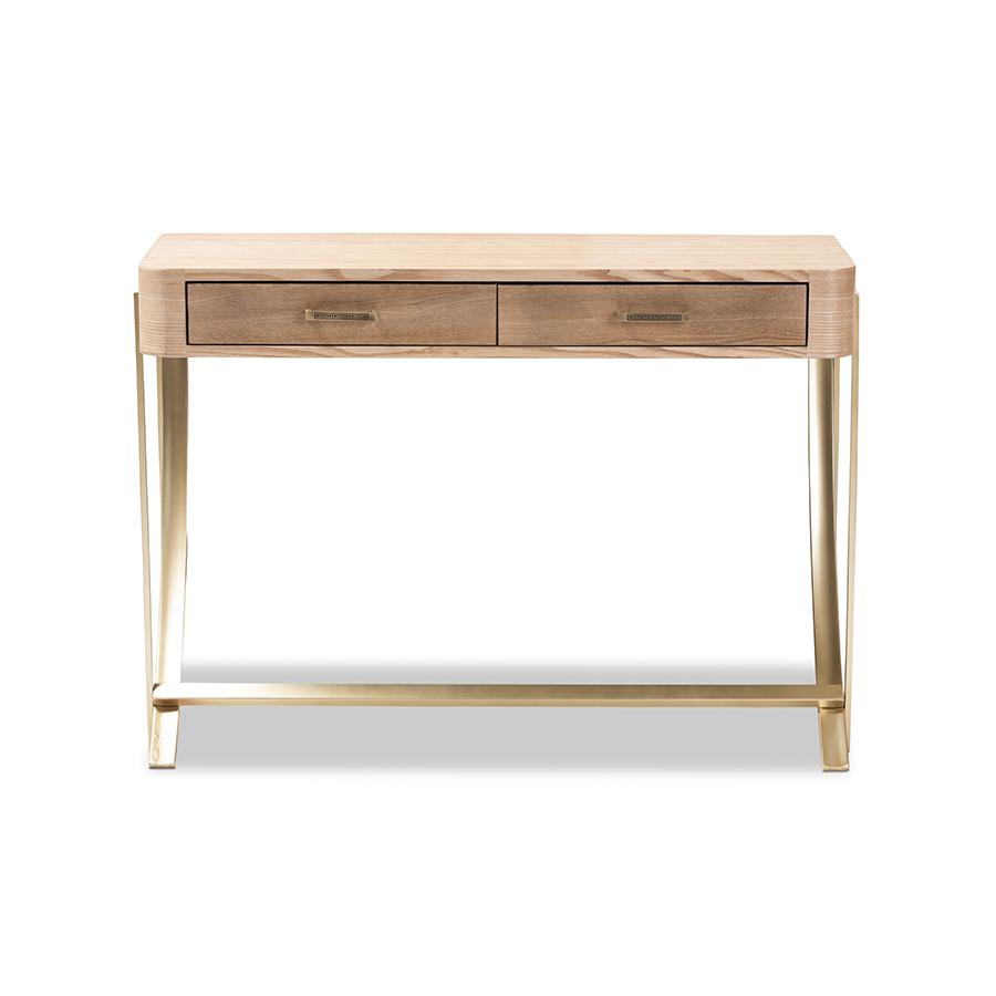 Lafoy Natural Brown Finished Wood and Gold Finished 2-Drawer Console Table