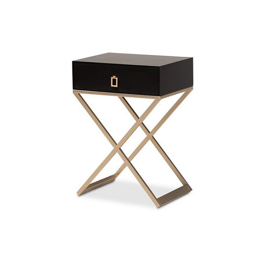Baxton Studio Patricia Modern and Contemporary Black Finished Wood and Powder Coated Brass Effect Metal 1-Drawer Nightstand