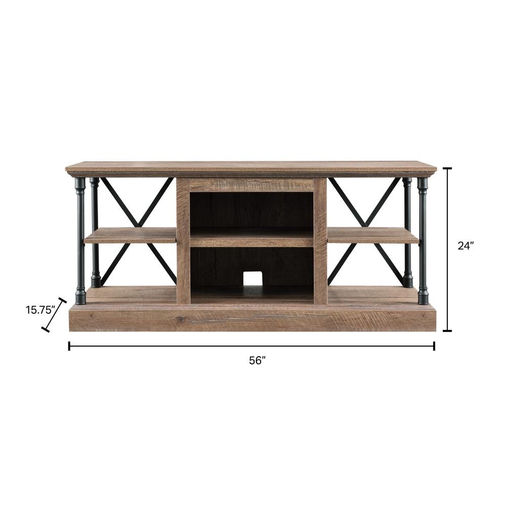 OS Home Model 6592 Contemporary Architecture Media Console in Rough Sawn Birch Finish.