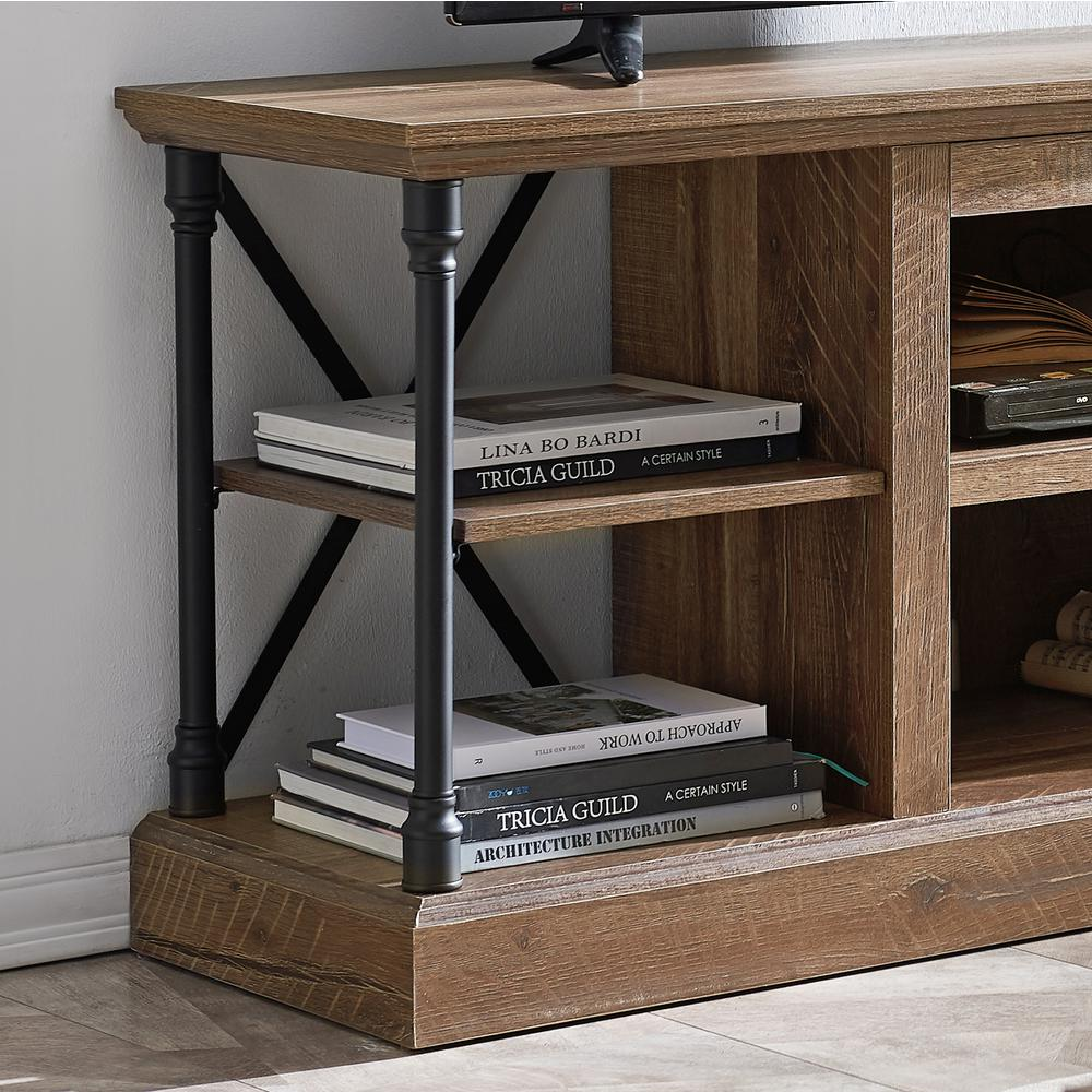 OS Home Model 6592 Contemporary Architecture Media Console in Rough Sawn Birch Finish.