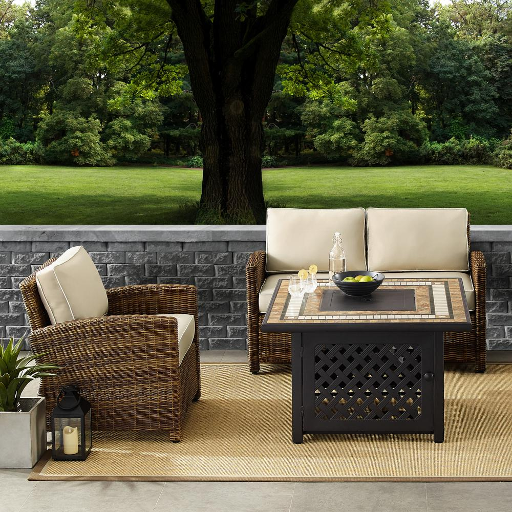 Bradenton 3Pc Outdoor Wicker Conversation Set W/Fire Table Weathered Brown/Sand - Loveseat, Armchair, & Tucson Fire Table