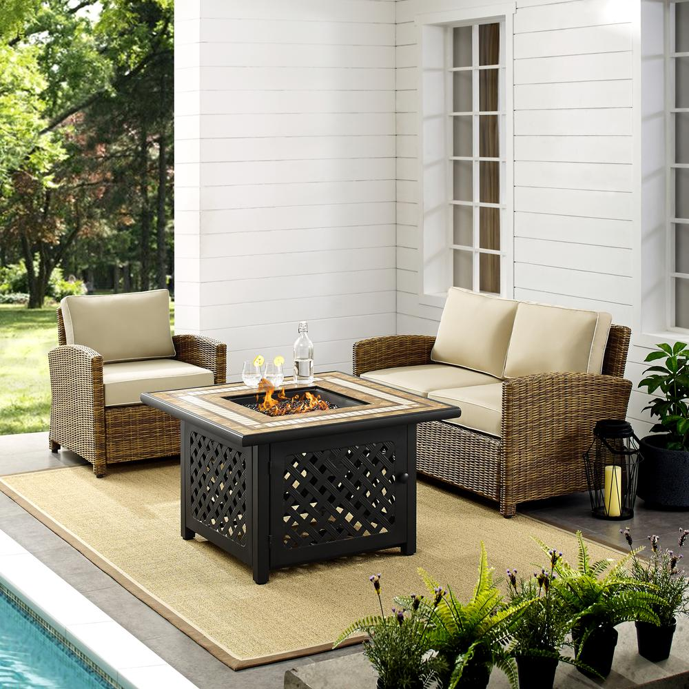 Bradenton 3Pc Outdoor Wicker Conversation Set W/Fire Table Weathered Brown/Sand - Loveseat, Armchair, & Tucson Fire Table