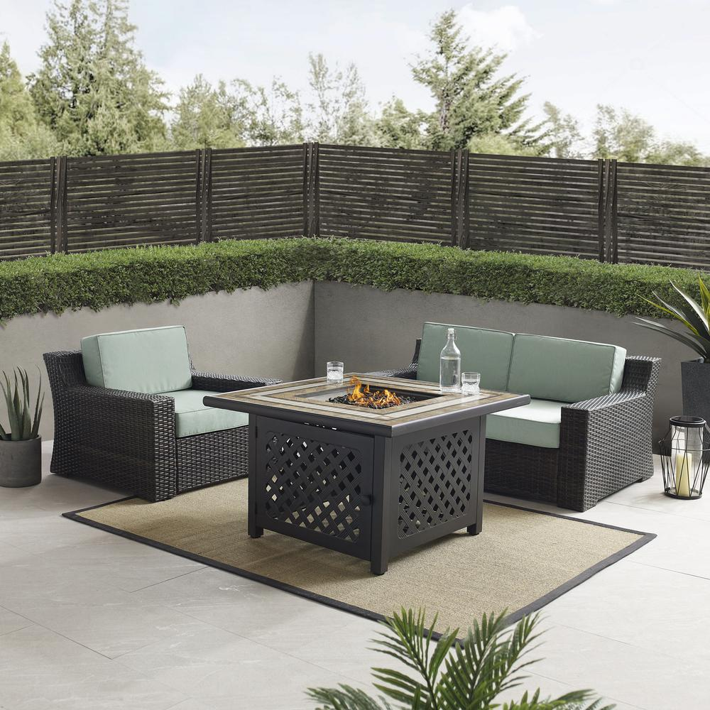 Beaufort 3Pc Outdoor Wicker Conversation Set W/Fire Table Mist/Brown - Tucson Fire Table, Loveseat, & Chair