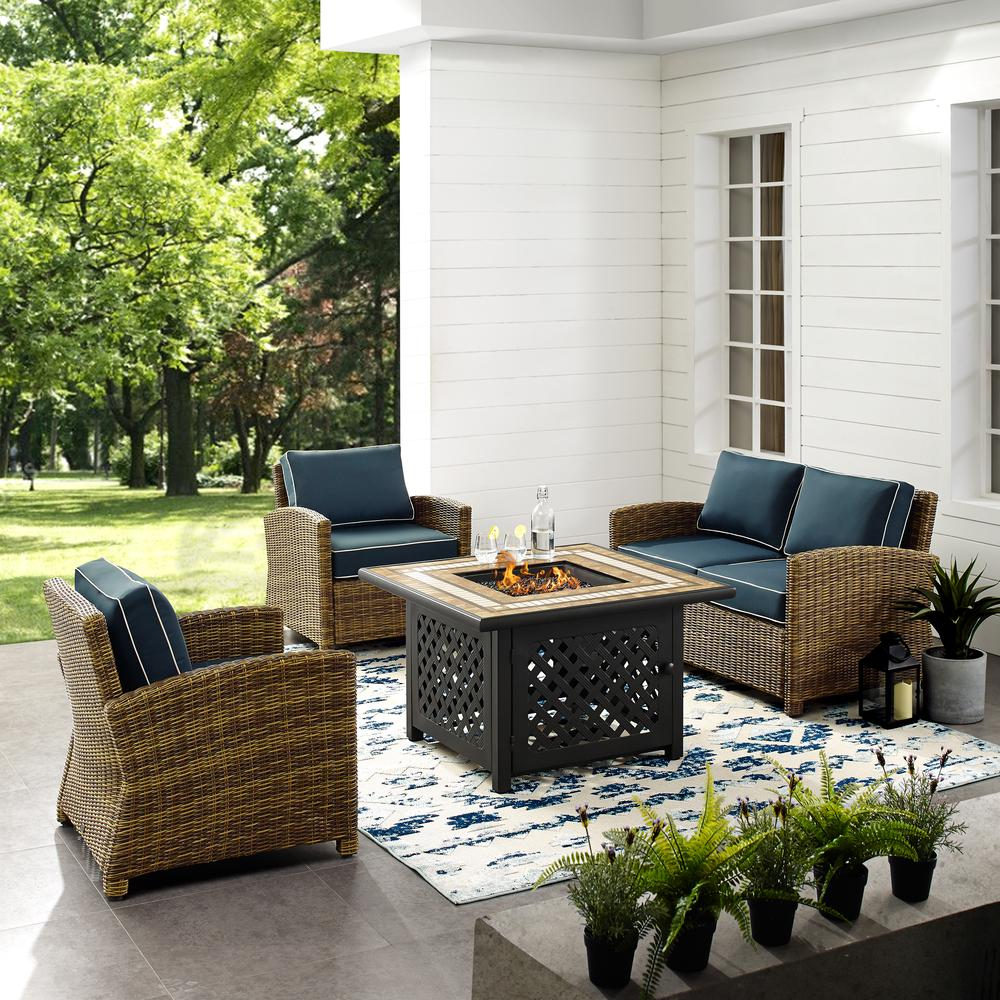 Bradenton 4Pc Outdoor Wicker Conversation Set W/Fire Table Weathered Brown/Navy - Loveseat, Tucson Fire Table, & 2 Arm Chairs