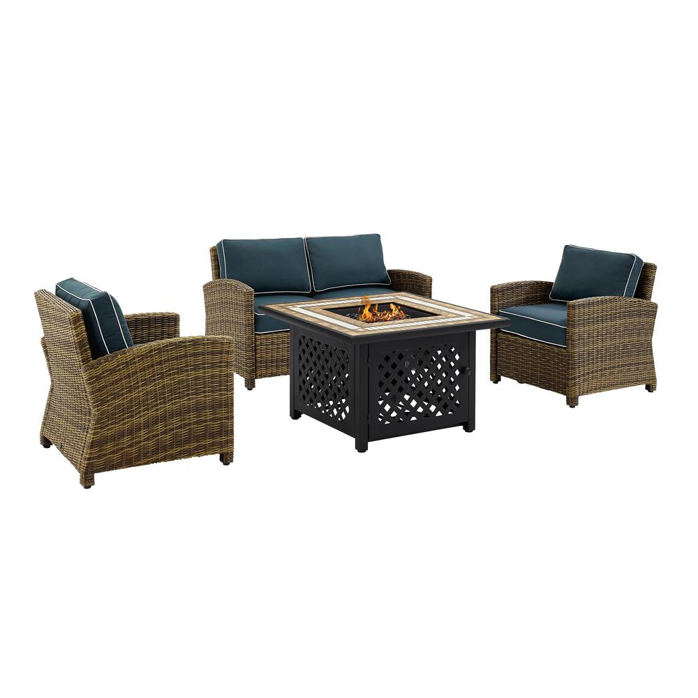 Bradenton 4Pc Outdoor Wicker Conversation Set W/Fire Table Weathered Brown/Navy - Loveseat, Tucson Fire Table, & 2 Arm Chairs