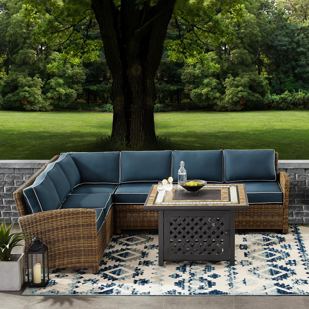 Bradenton 5Pc Outdoor Wicker Sectional Set Weathered Brown/Navy