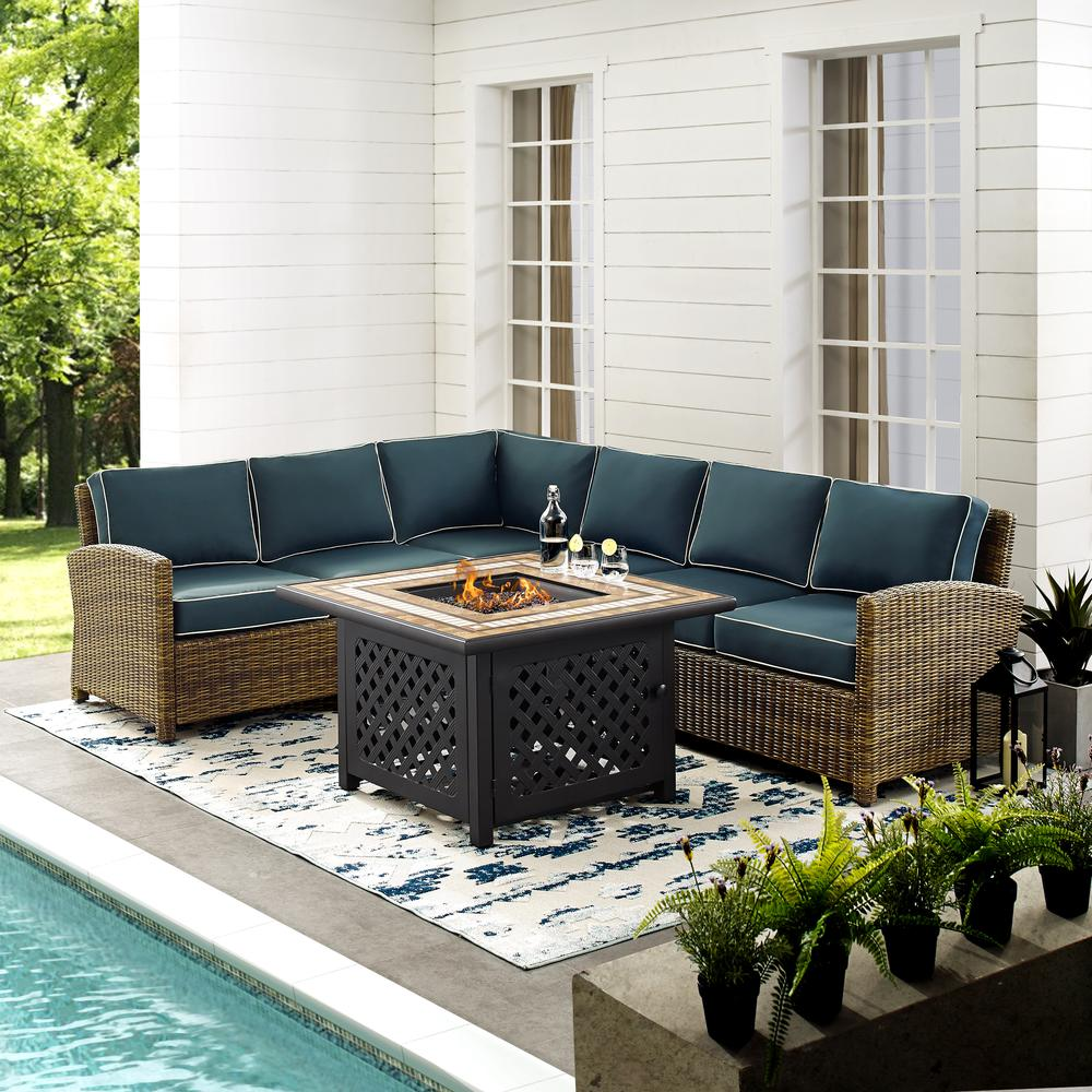 Bradenton 5Pc Outdoor Wicker Sectional Set Weathered Brown/Navy