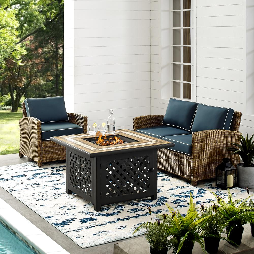 Bradenton 3Pc Outdoor Wicker Conversation Set W/Fire Table Weathered Brown/Navy - Loveseat, Armchair, & Tucson Fire Table