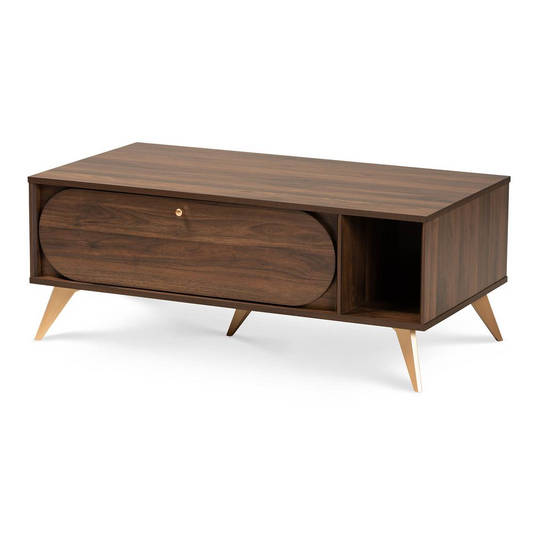 Edel Mid-Century Modern Walnut Brown and Gold Finished Wood Coffee Table