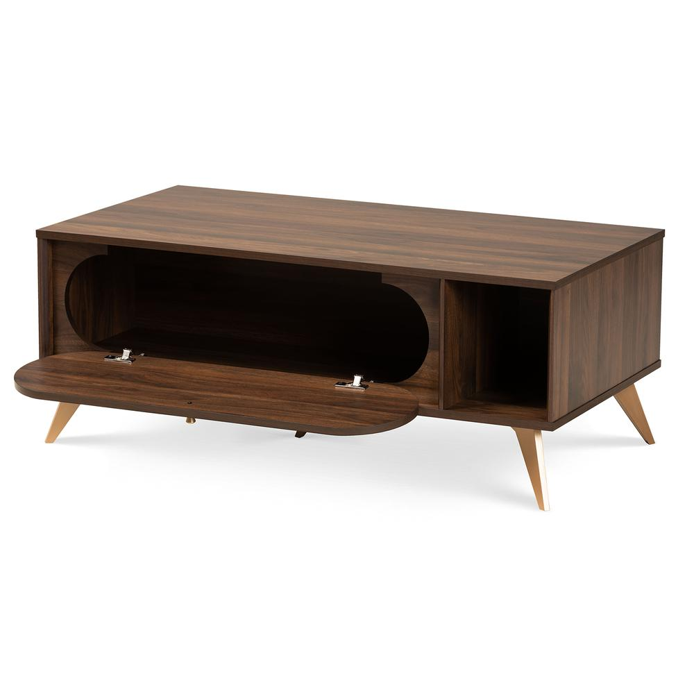 Edel Mid-Century Modern Walnut Brown and Gold Finished Wood Coffee Table