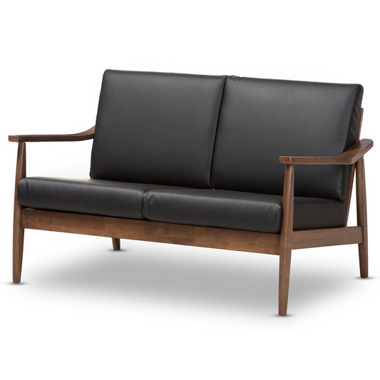 Venza Mid-Century Modern Walnut Wood Black Faux Leather 2-Seater Loveseat