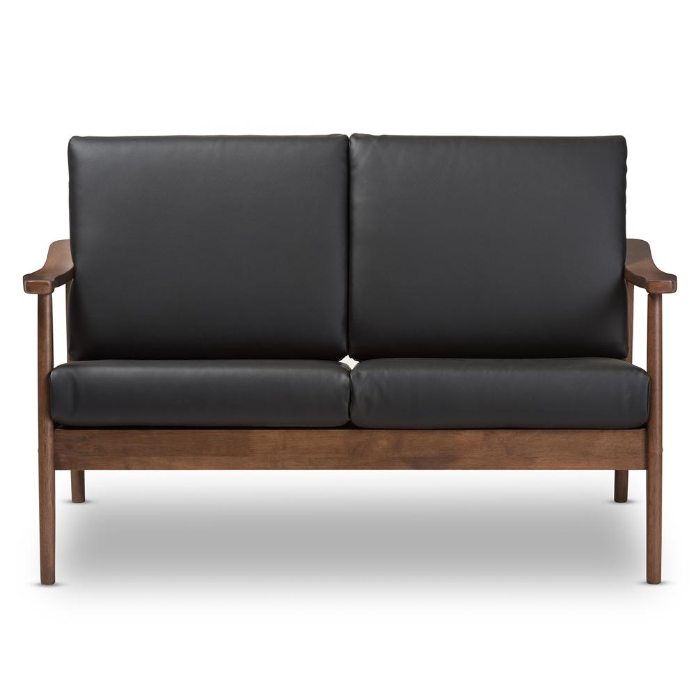 Venza Mid-Century Modern Walnut Wood Black Faux Leather 2-Seater Loveseat