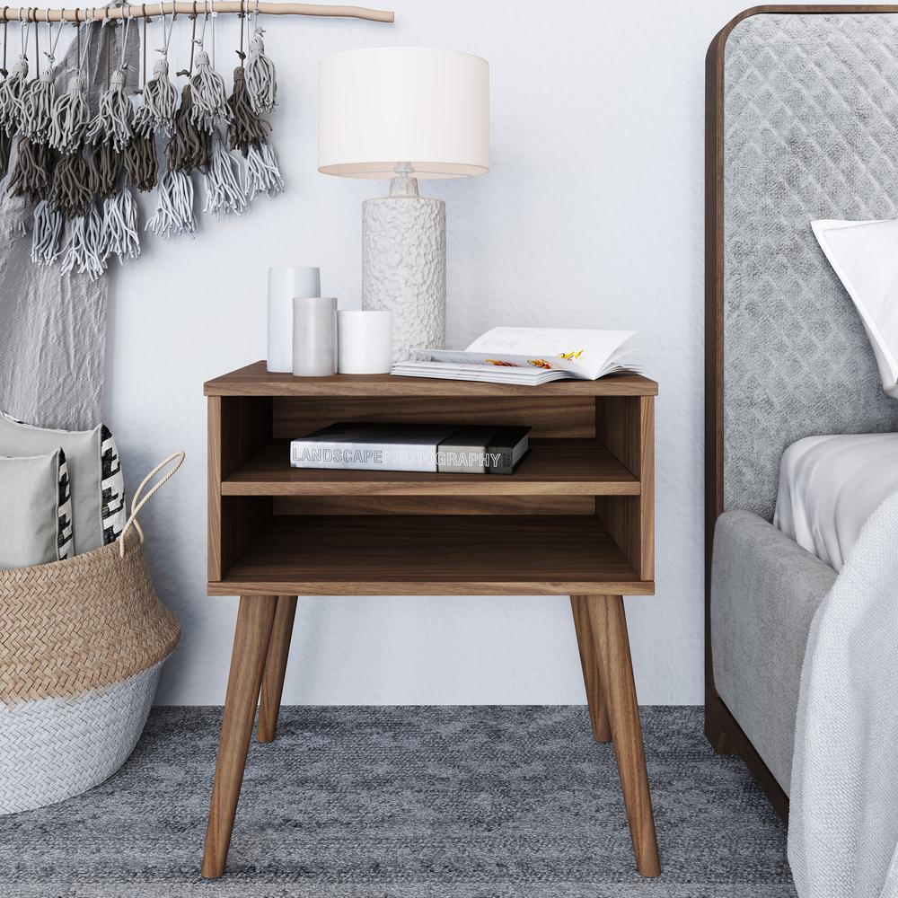 Ragusa Mid-Century Modern Open Shelf Nightstand, Walnut