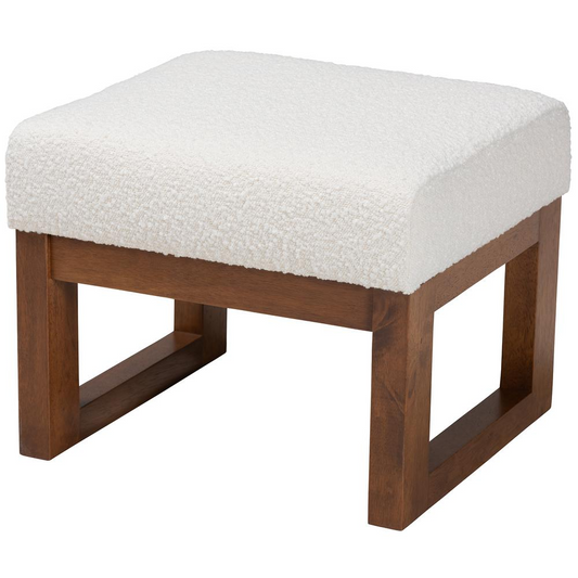 Off-White Boucle Upholstered and Walnut Brown Finished Wood Ottoman Footstool