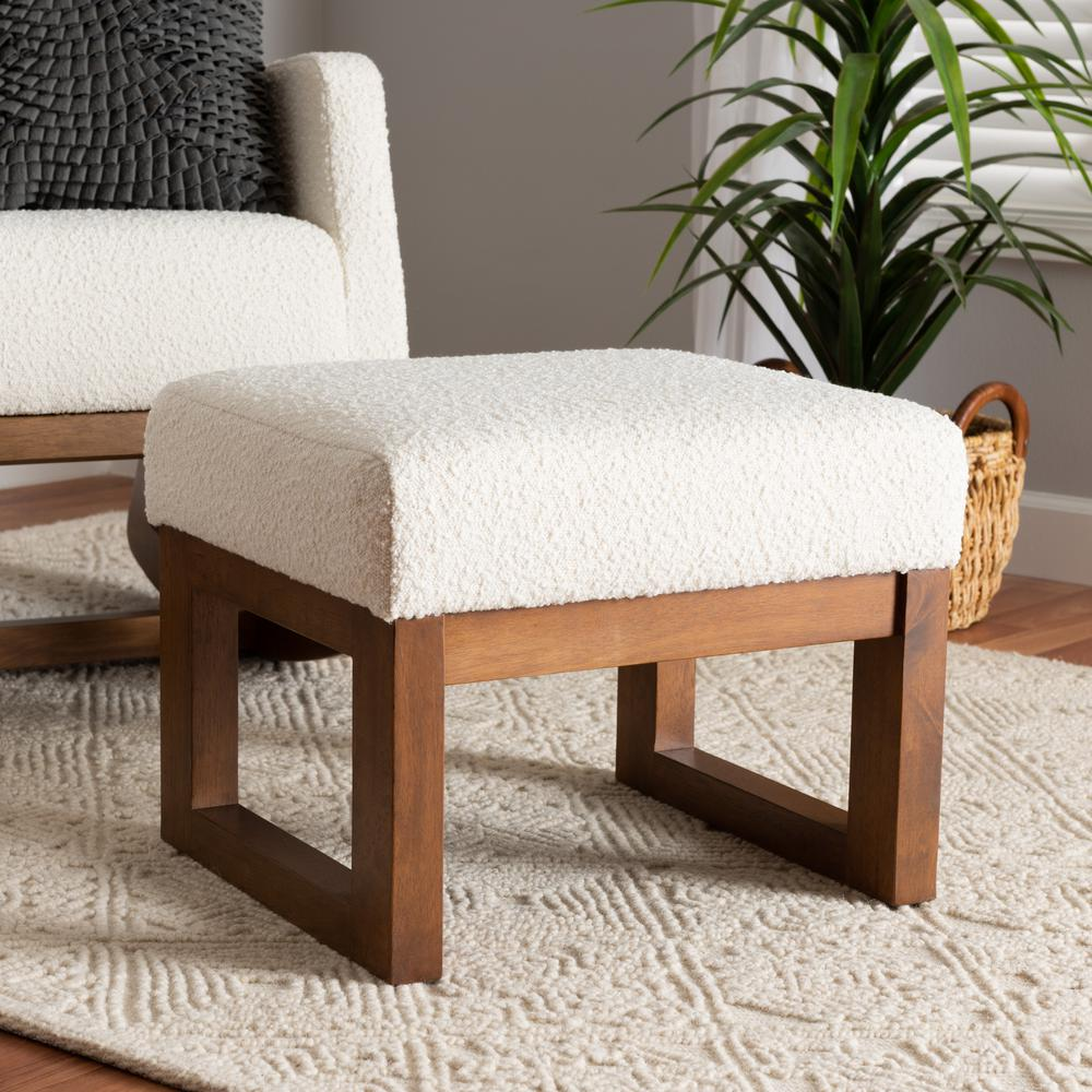 Off-White Boucle Upholstered and Walnut Brown Finished Wood Ottoman Footstool