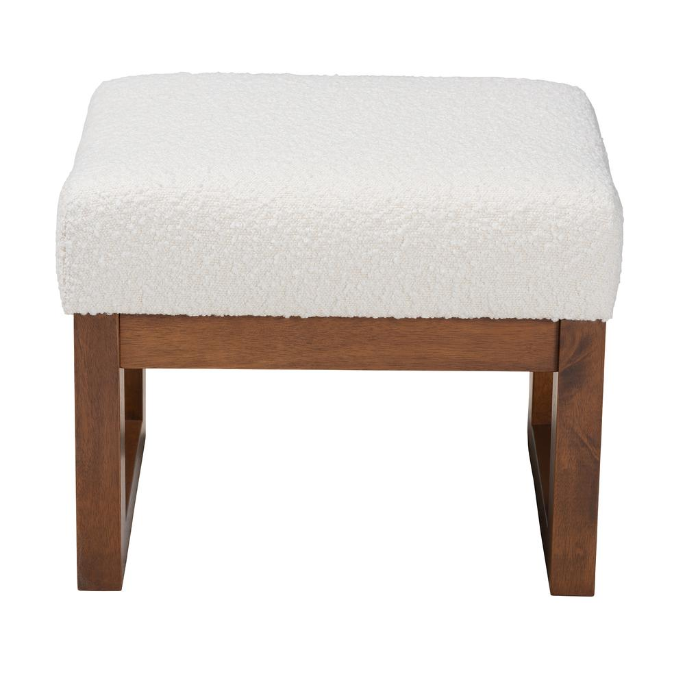 Off-White Boucle Upholstered and Walnut Brown Finished Wood Ottoman Footstool