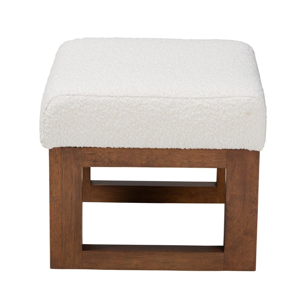 Off-White Boucle Upholstered and Walnut Brown Finished Wood Ottoman Footstool