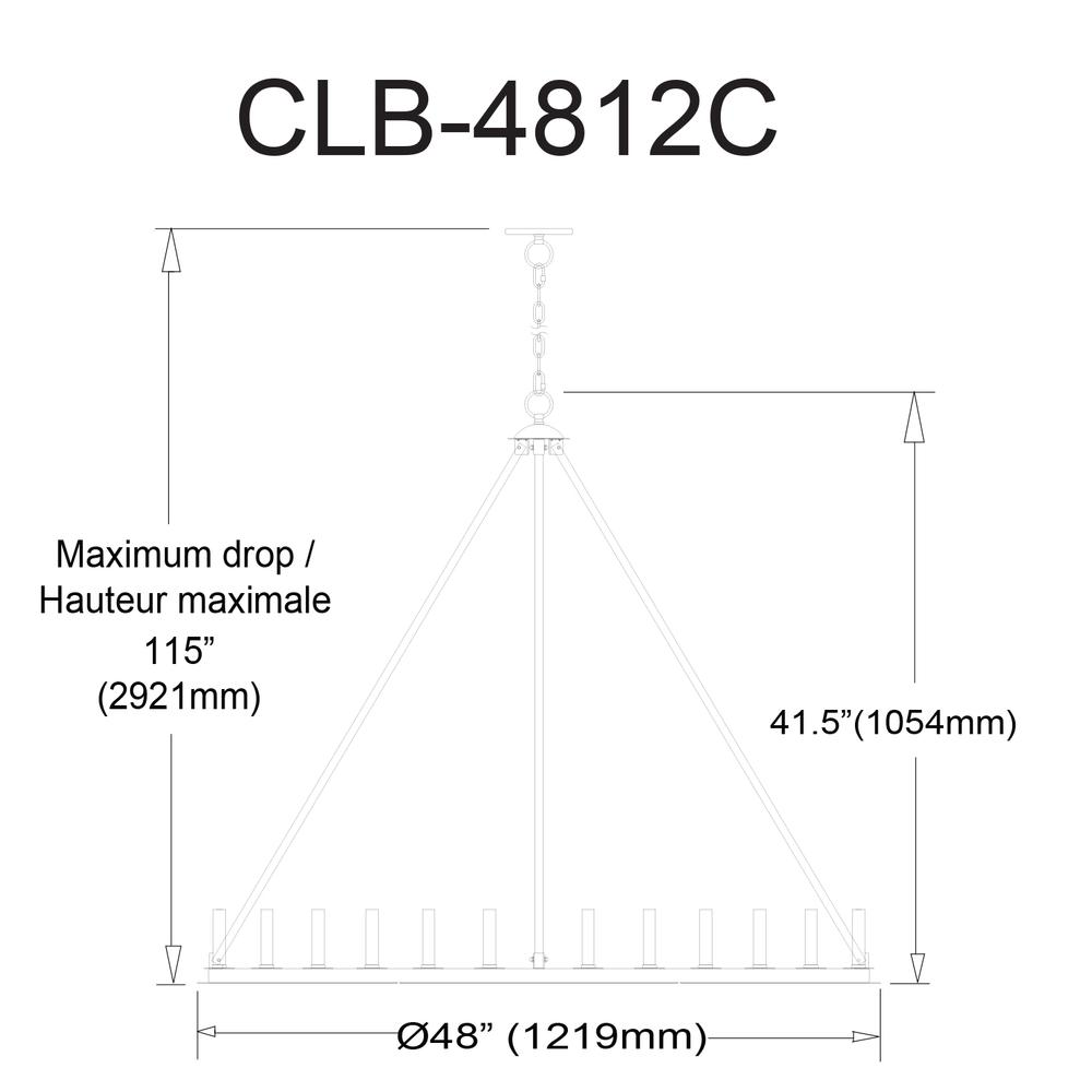 12 Light Incandescent Chandelier, Matte Black        (CLB-4812C-MB)