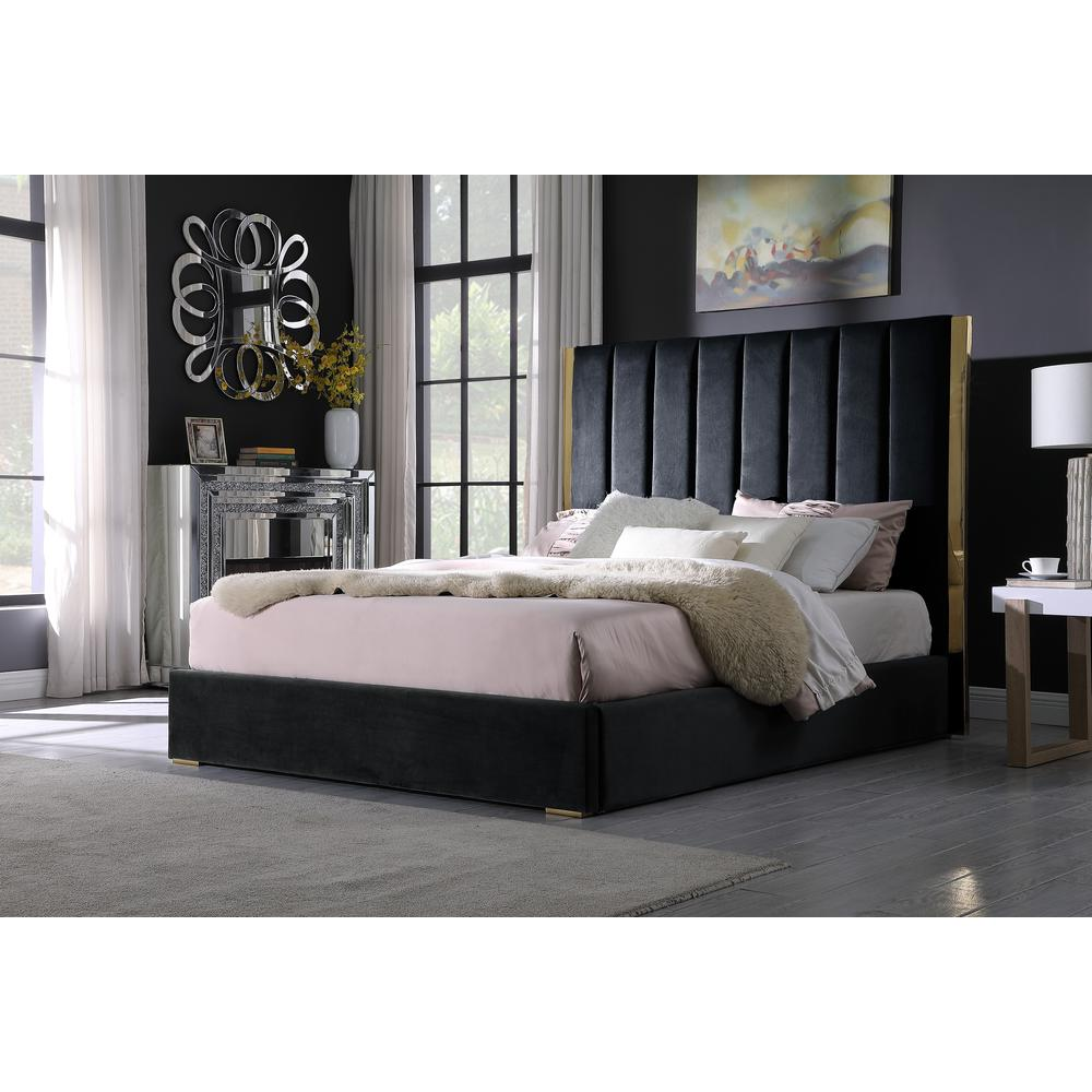 Jalen Black Velvet King Platform Bed with Gold Accents