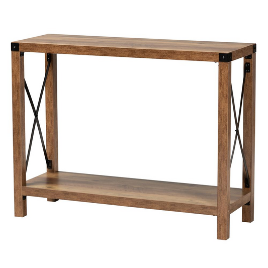 Rumi Modern Farmhouse Natural Brown Finished Wood and Black Metal Console Table