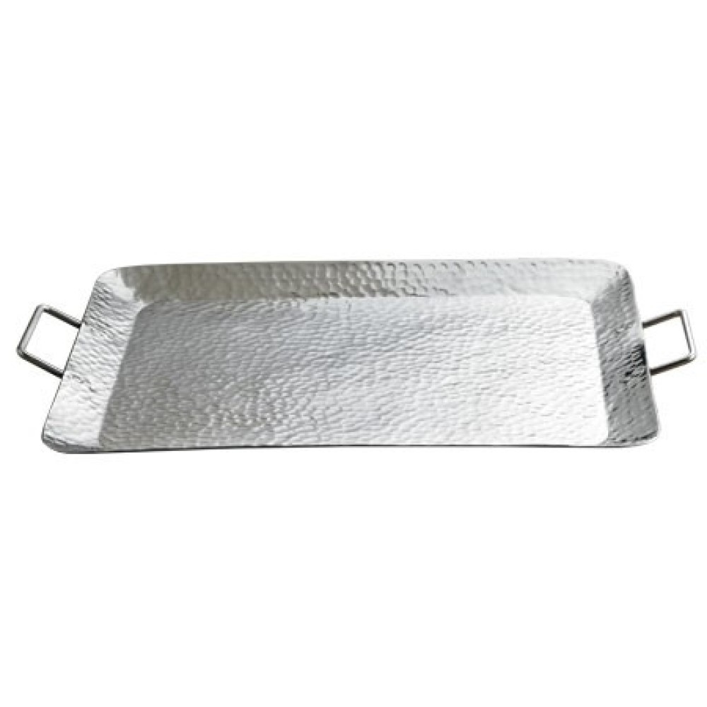 "Silver Hammered Rectangle Serving Tray With Handles"