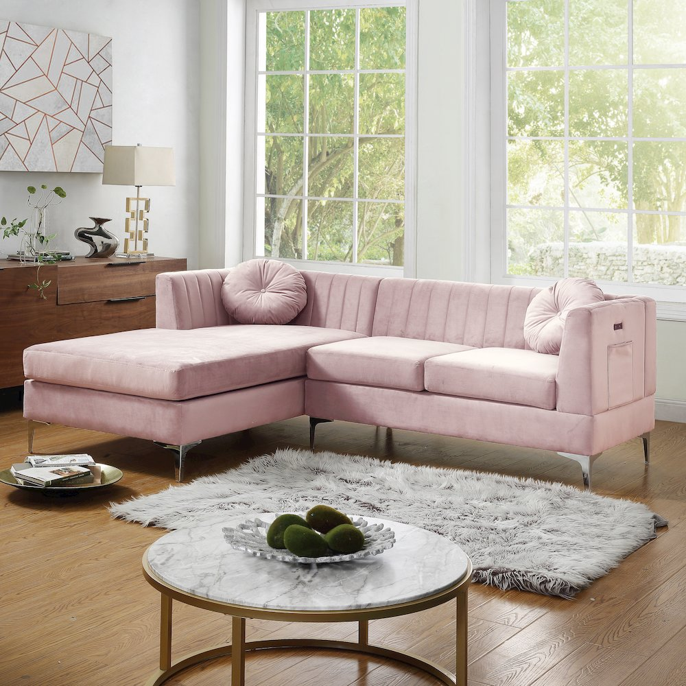 Chloe Pink Velvet Sectional Sofa Chaise with USB Charging Port