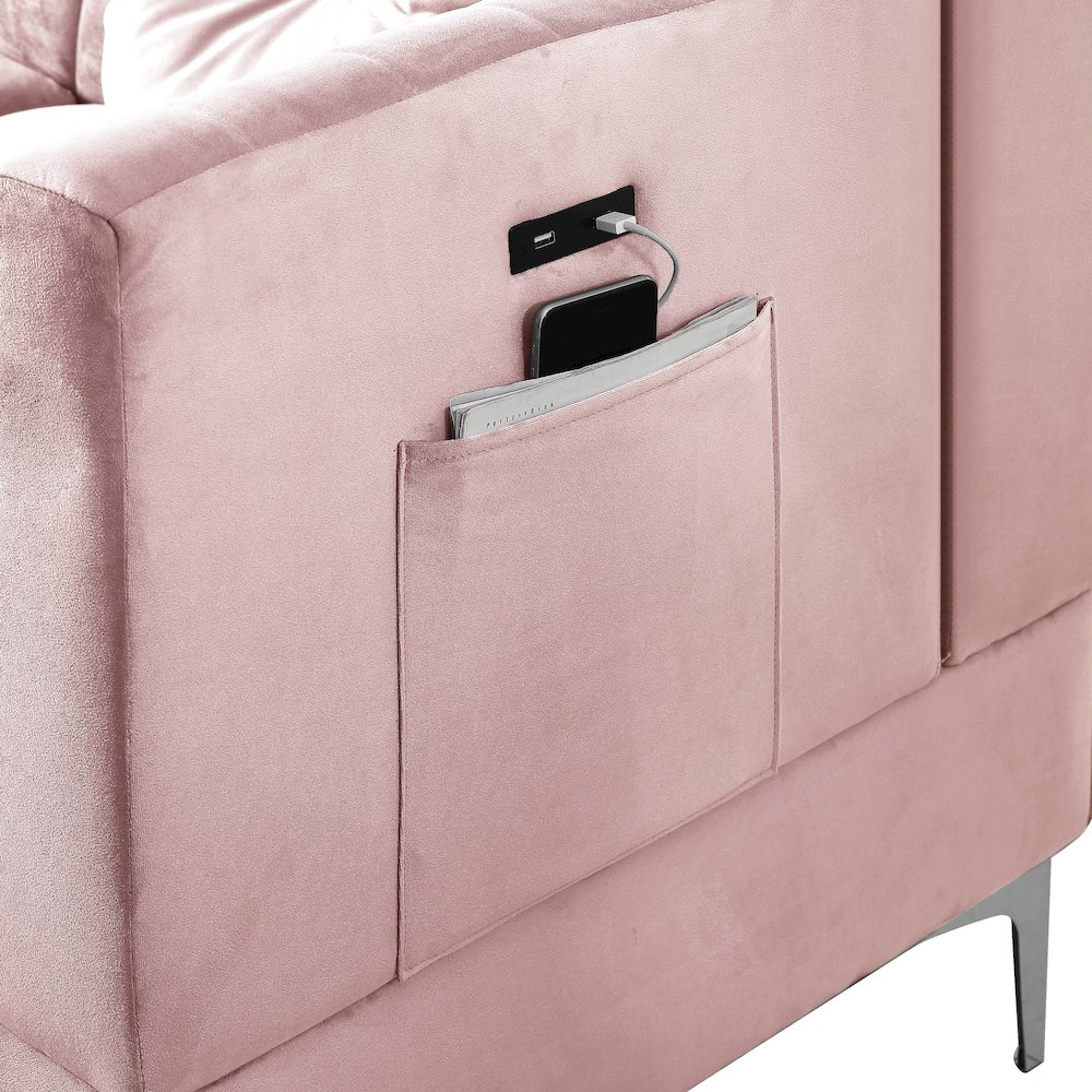 Chloe Pink Velvet Sectional Sofa Chaise with USB Charging Port