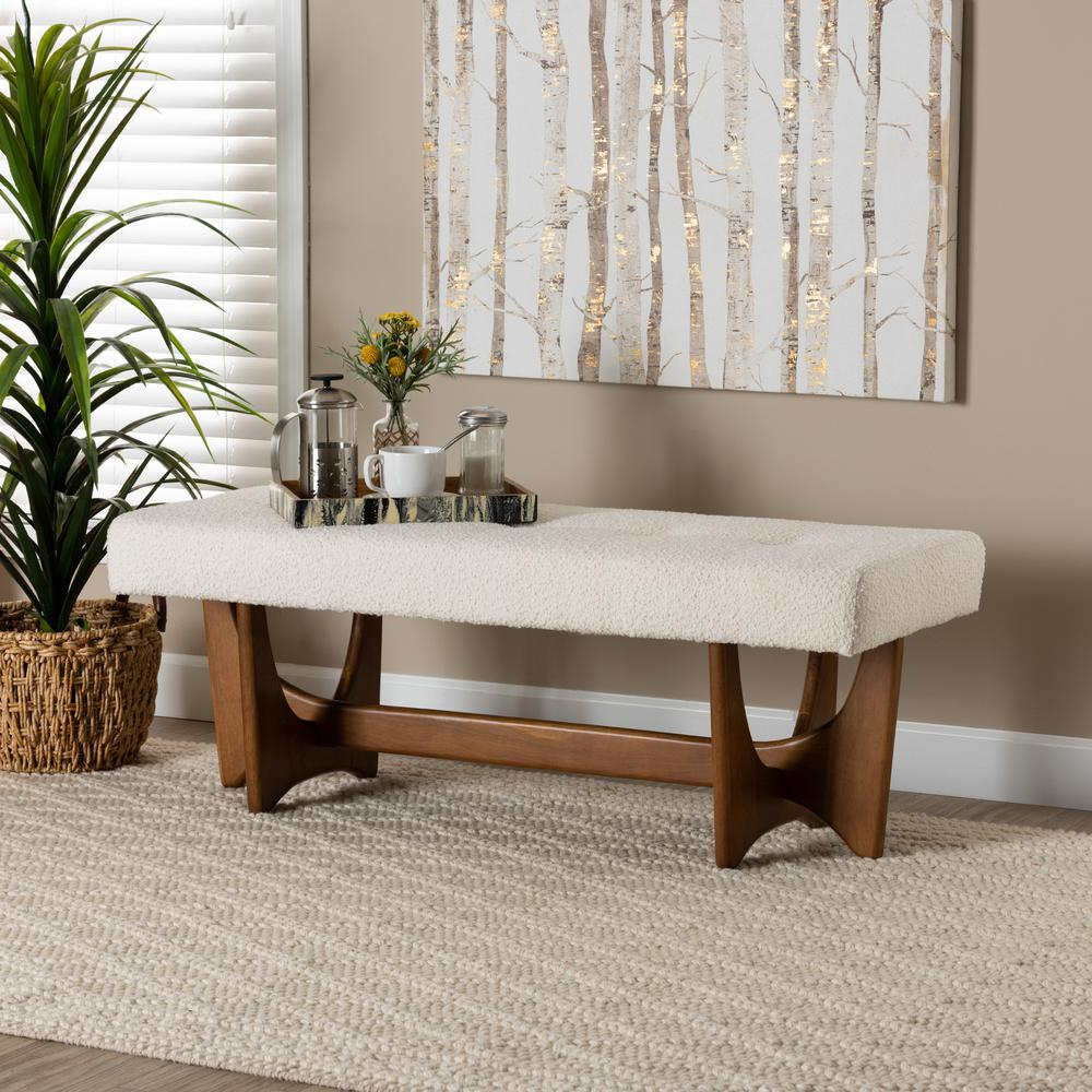 Theo Japandi Cream Boucle Fabric and Walnut Brown Finished Wood Bench