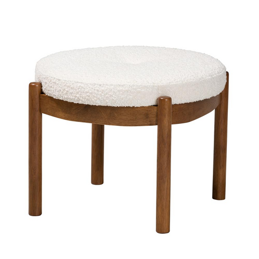 Cream Boucle Fabric and Walnut Brown Finished Rubberwood Ottoman Footstool