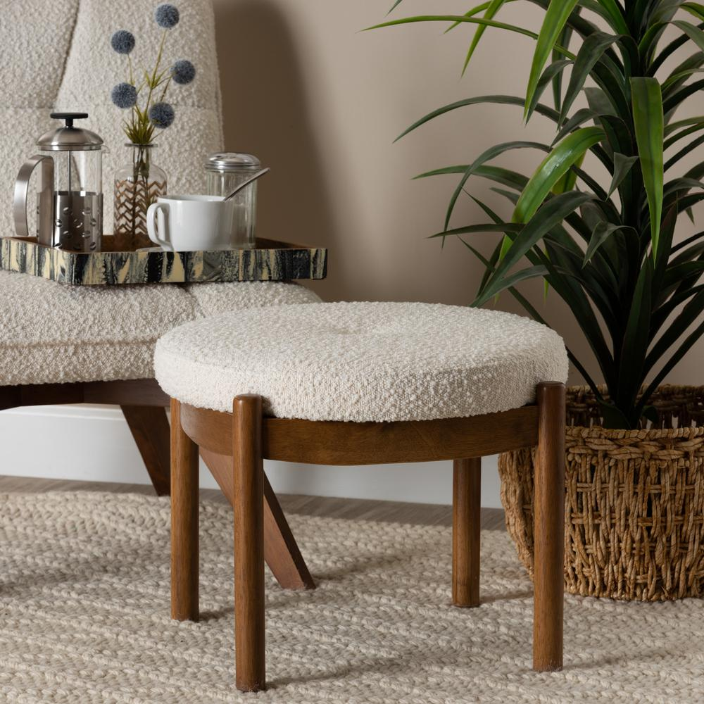 Cream Boucle Fabric and Walnut Brown Finished Rubberwood Ottoman Footstool