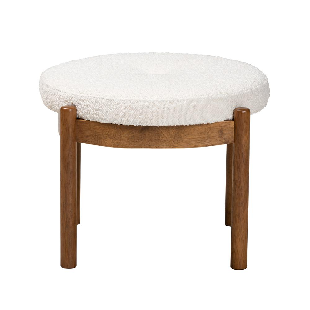 Cream Boucle Fabric and Walnut Brown Finished Rubberwood Ottoman Footstool