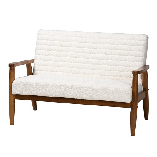 Stratton Modern Cream Boucle Fabric and Walnut Brown Finished Wood Loveseat