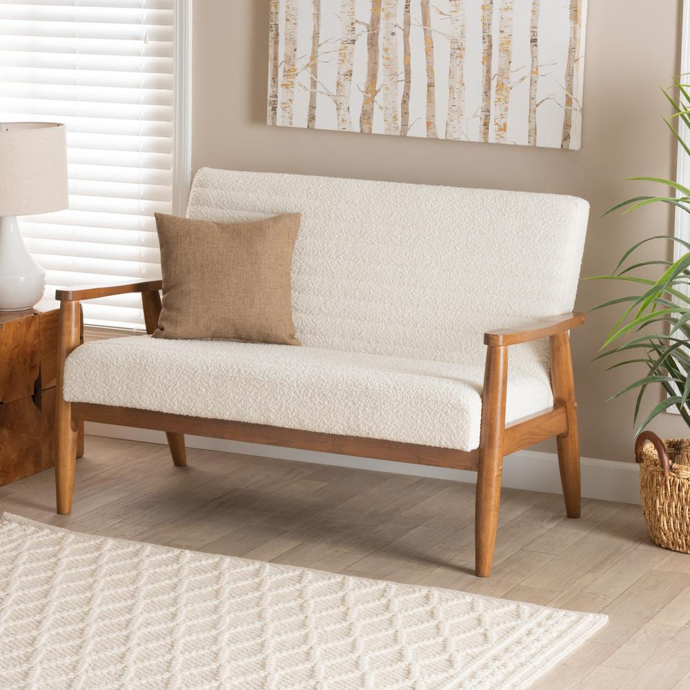 Stratton Modern Cream Boucle Fabric and Walnut Brown Finished Wood Loveseat