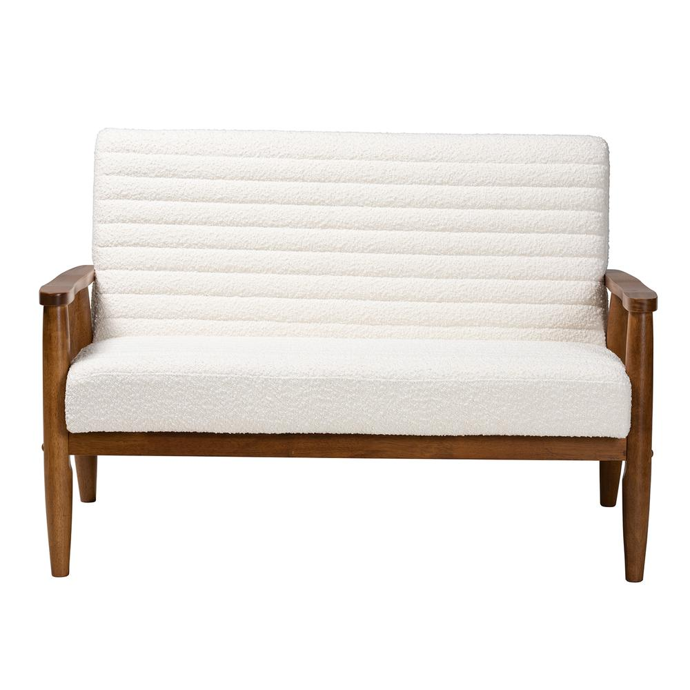 Stratton Modern Cream Boucle Fabric and Walnut Brown Finished Wood Loveseat