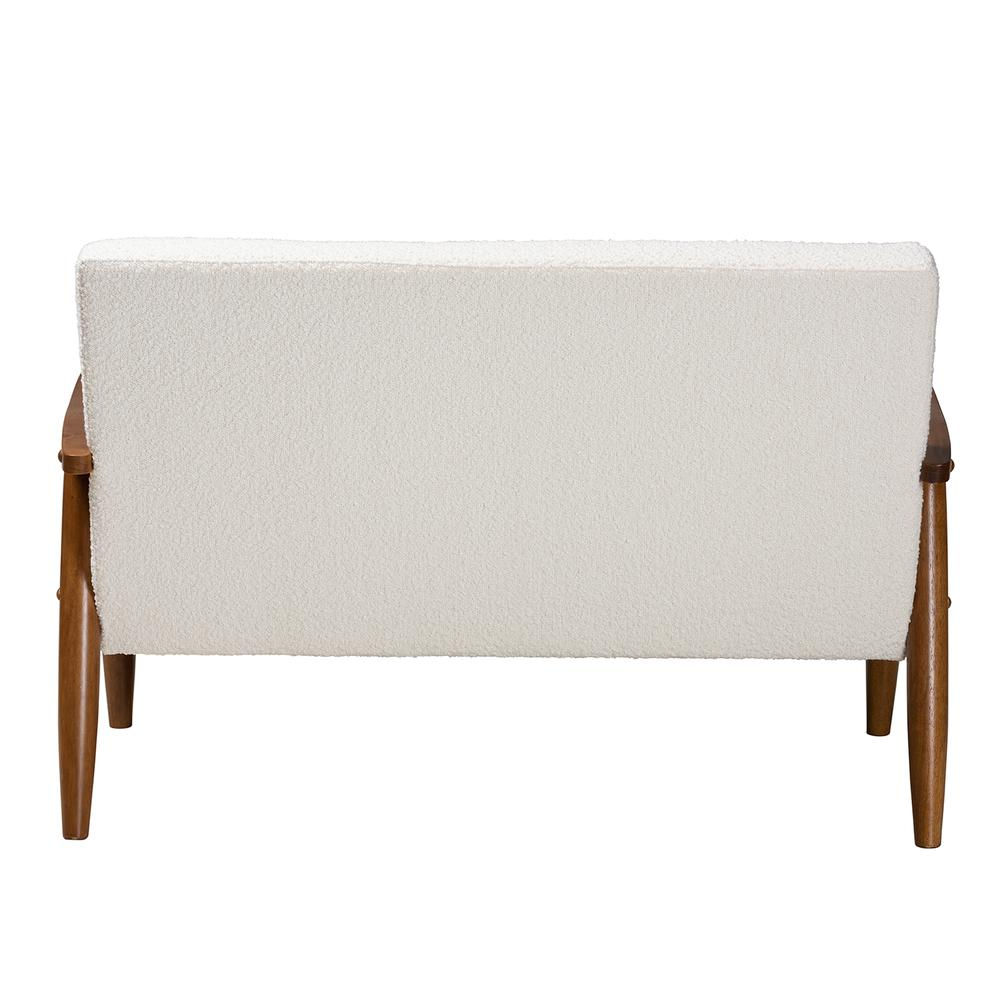 Stratton Modern Cream Boucle Fabric and Walnut Brown Finished Wood Loveseat